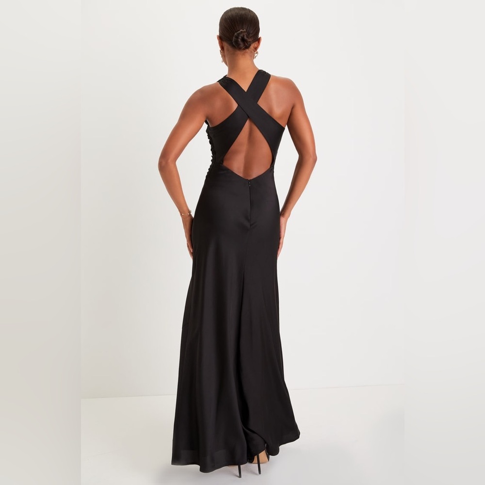 NWT Lulus Effortlessly Sensational Black Satin Backless Maxi Dress - Picture 2 of 4